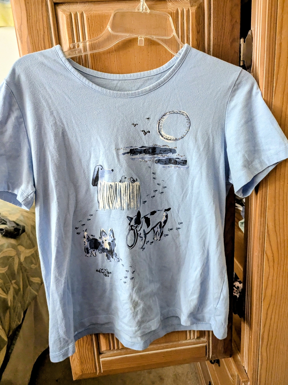 Women's Light Blue Graphic Tee with Dogs - Brand: